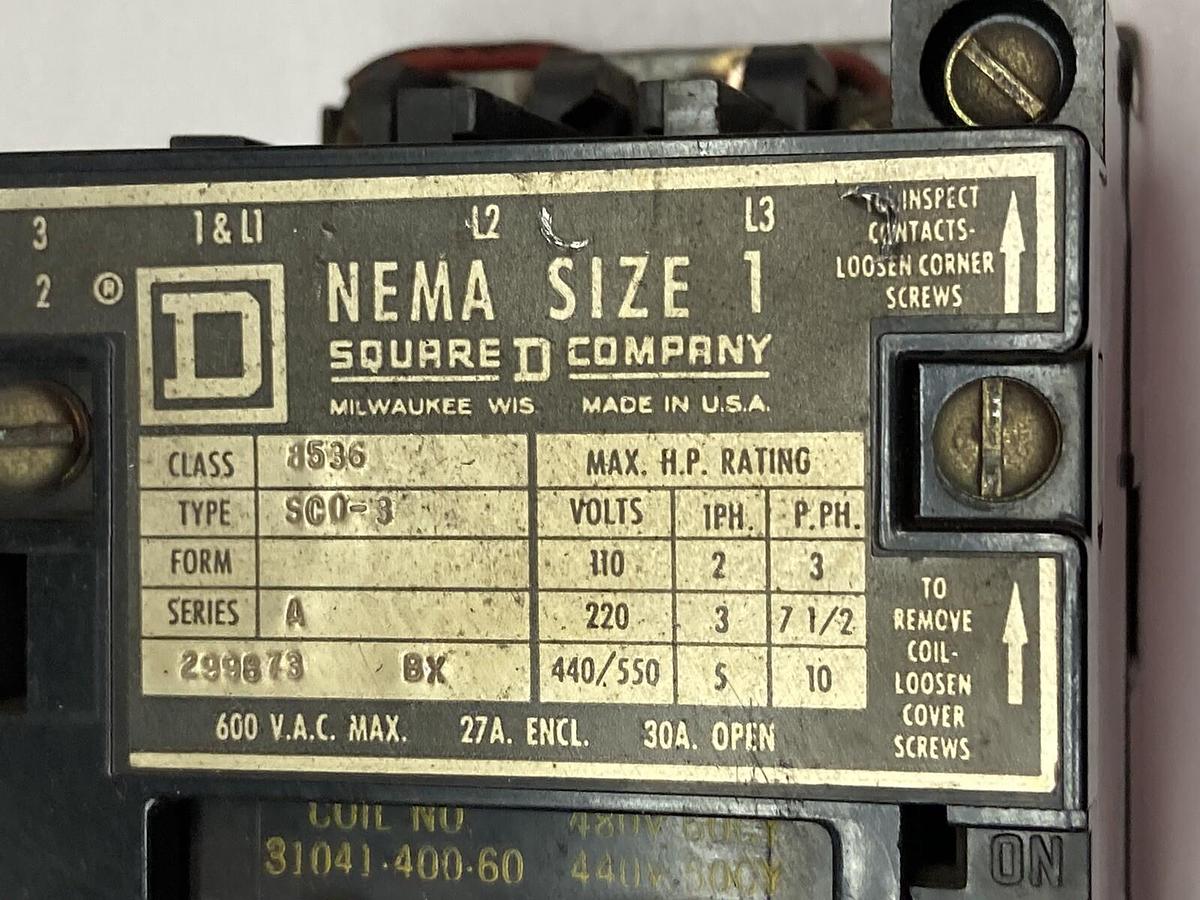 Used Square D,Class 8536 Type SCG 3,Nema Size 1 Circuit Breaker