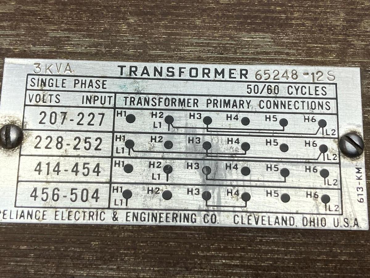 Used Reliance Electric,65248-12S,Transformer 3KVA 50/60 Cycles