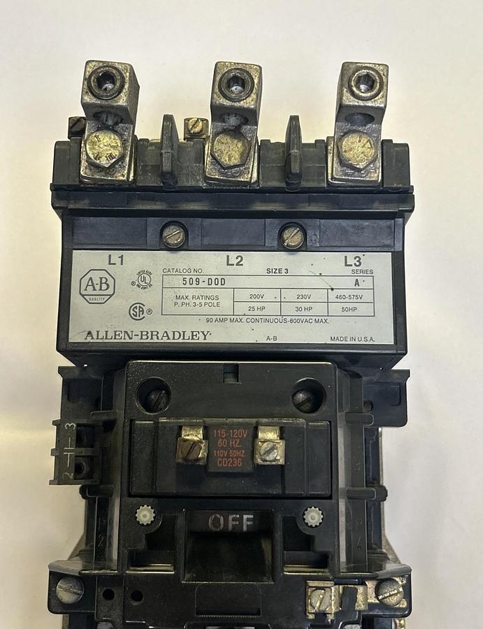 Used ALLEN BRADLEY,509-D0D,NON REVERSING STARTER SIZE 3 90A 600V