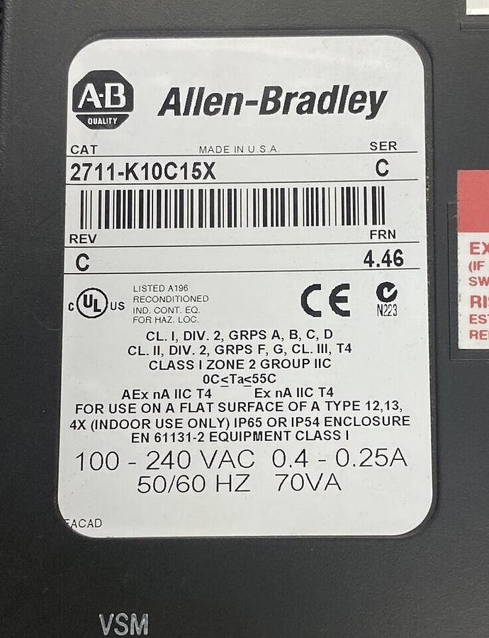 Used ALLEN BRADLEY,2711-K10C15X,SER C PANELVIEW 1000