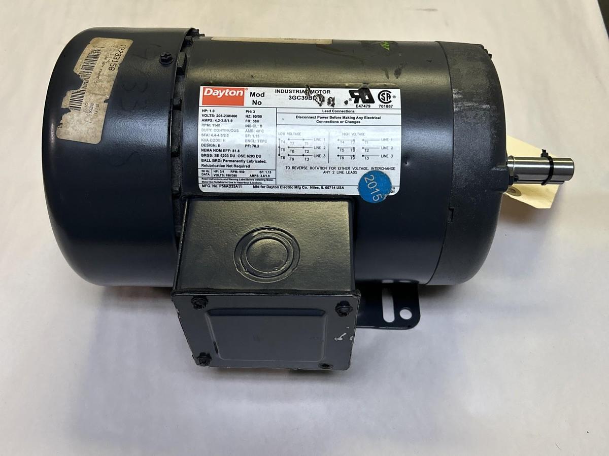 Used DAYTON,3GC39BD,INDUSTRIAL MOTOR 1HP 1140RPM 208-230/460V 3PH 56H FRAME