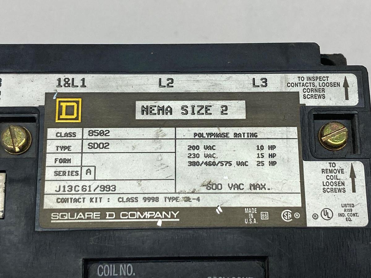 Square D,8502-SD02,Nema Size 2 Magnetic Contactor 600V