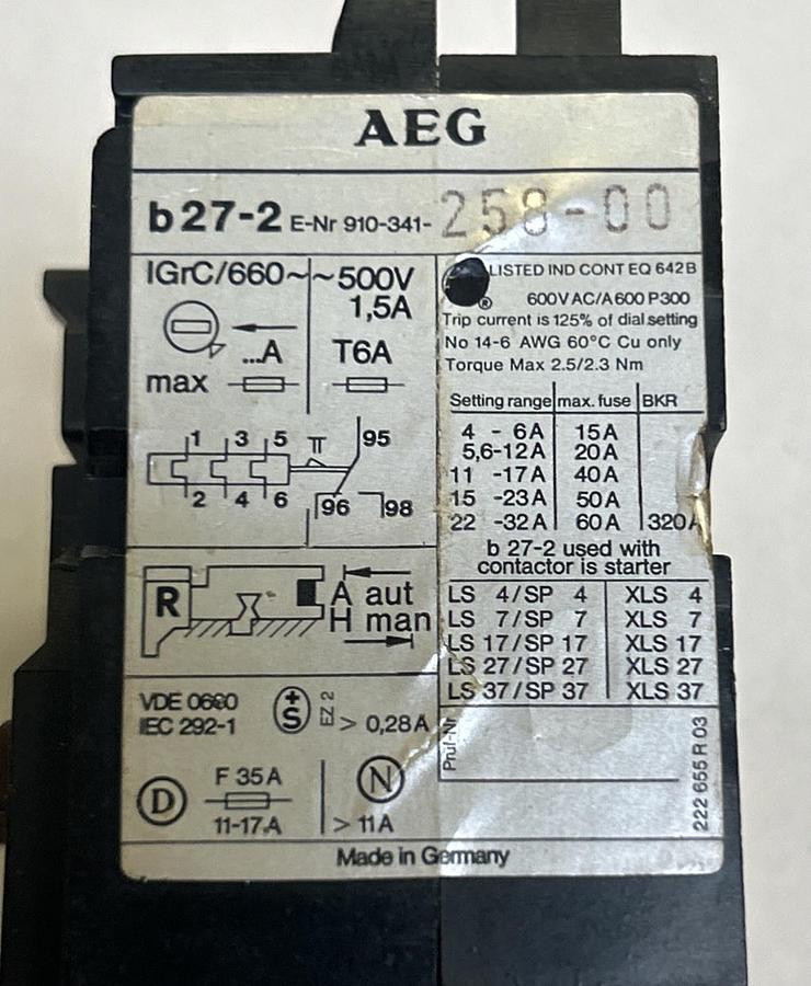 Used AEG,910-341-258-00,THERMAL OVERLOAD RELAY
