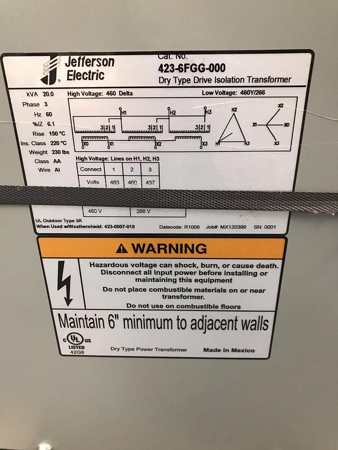 Jefferson Electric,423-6FGG-000,Isolation Transformer 20Kva 460V 3Phase