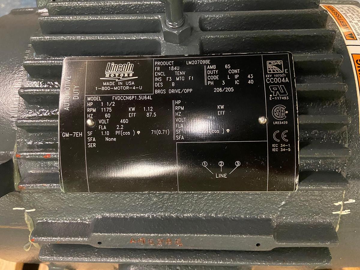 Lincoln,LM20709BE,Motor FVFCCN6P1.5U64L 1-1/2Hp 1175RPM 460V Frame 184U