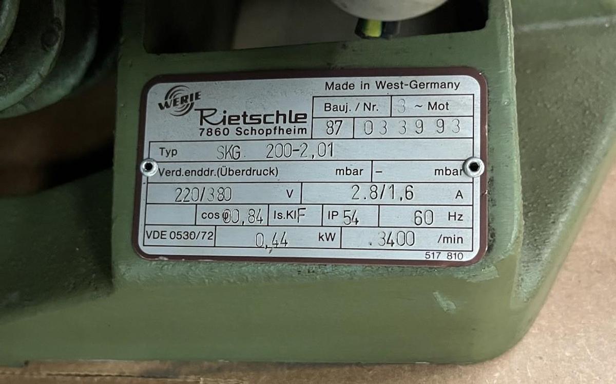 Used RIETSCHLE,SKG-200-2.01,REGENERATIVE BLOWER 3PH .44kW 3400RPM