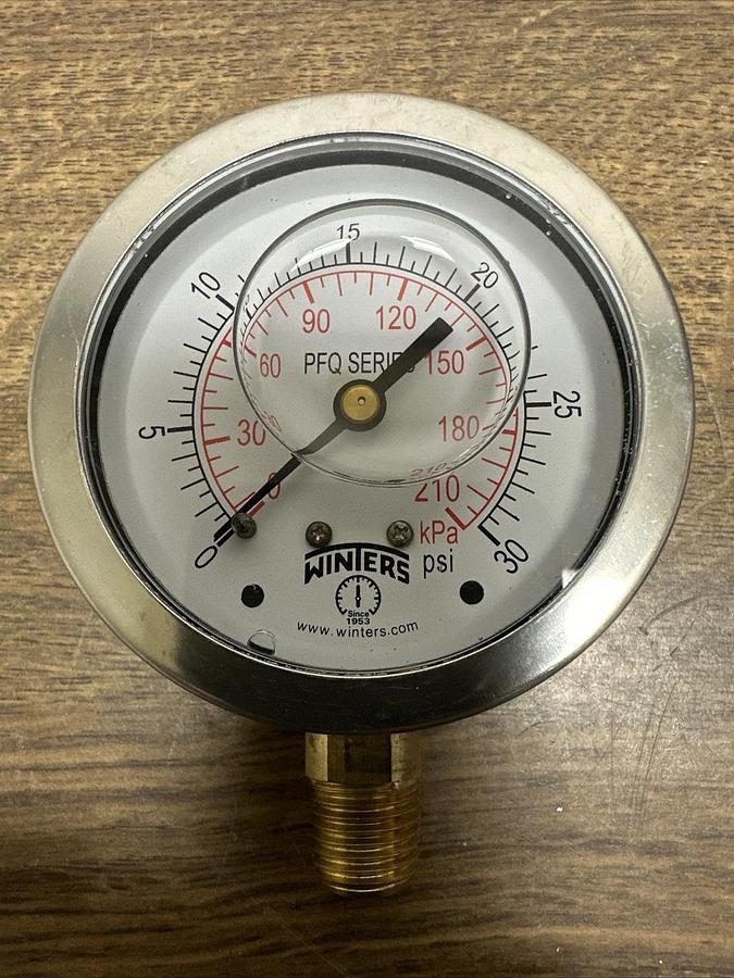Winters,PFQ802,0-30PSI Liquid Filled 2.5" 1/4NPT BTM Mount Pressure Gauge