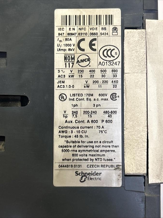 Used TELEMECANIQUE,LC1D5011,CONTACTOR