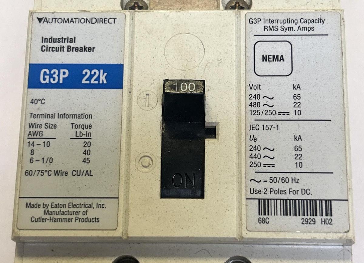 Used AUTOMATION DIRECT,G3P22K,CIRCUIT BREAKER 100A 480V 3P