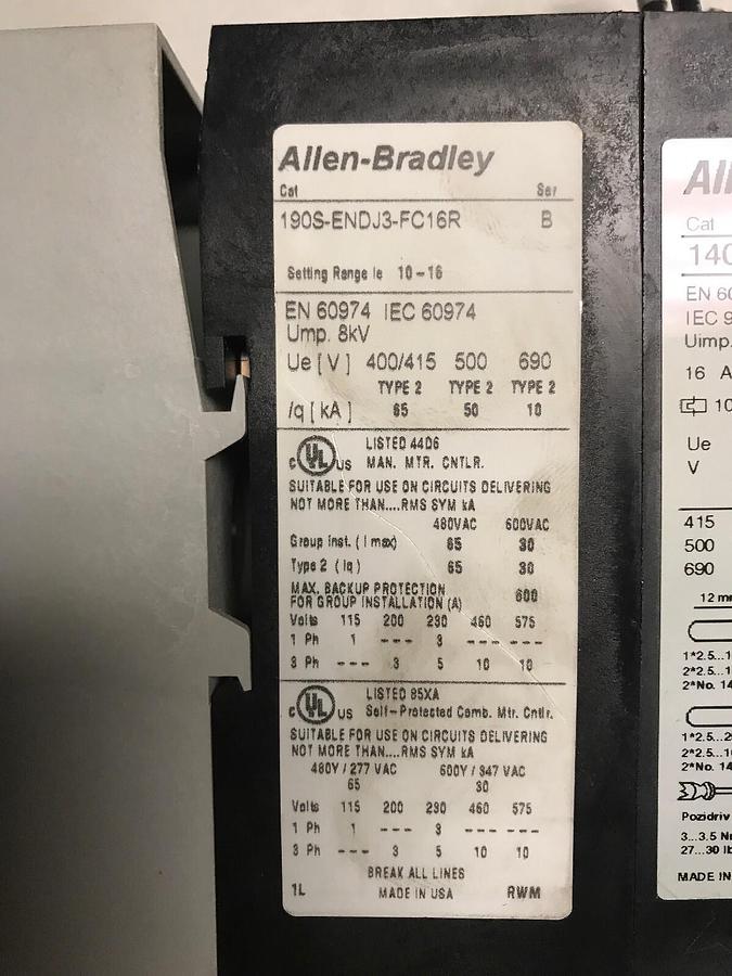 Used Allen Bradley,190S-ENDJ3-FC16R,Compact starter Series B