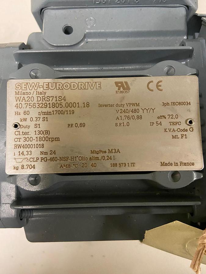 Sew Eurodrive,WA2-DRS71S4,Gearmotor .37kW 1700/119RPM