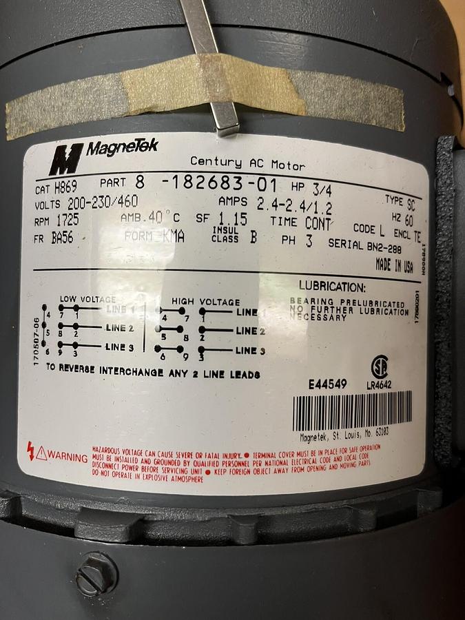 MAGNETEK,H869, 3/4HP AC MOTOR 1725RPM 3PH BA56 8-182683-01