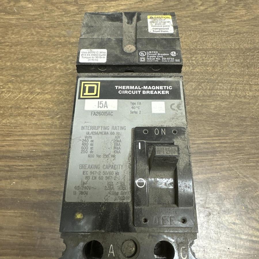 Used Square D,FA26015AC,240VAC 15AMP Circuit Breaker