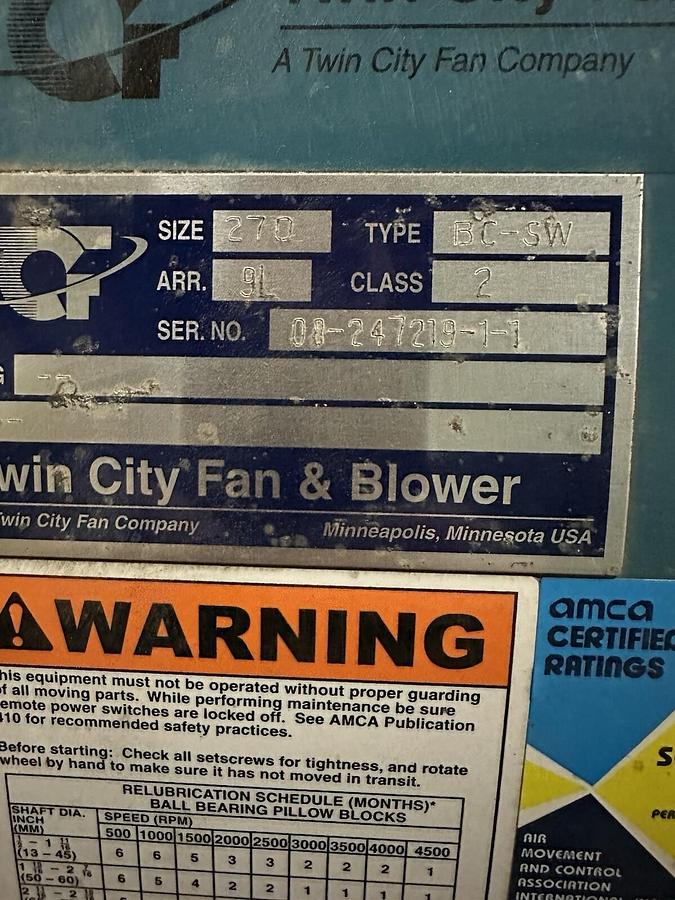 Used Twin City Fan & Blower,BC-SW,Size 270 15HP 3PH