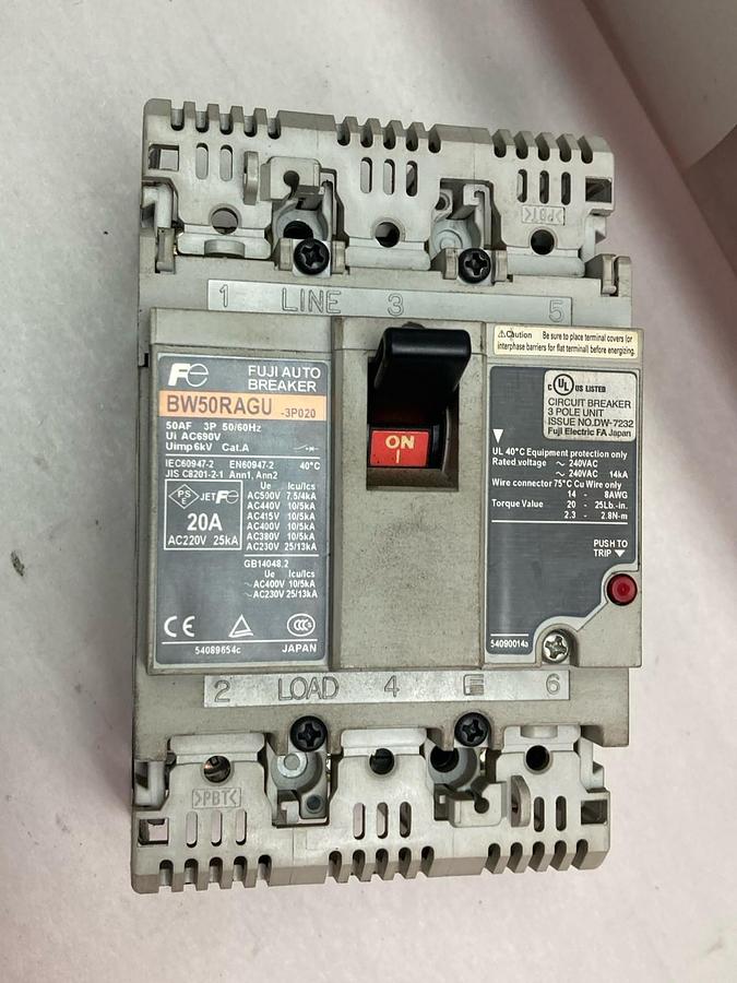 Used Fuji Electric,BW50RAGU-3P020,2-Phase Circuit Breaker 50AF 50/60Hz