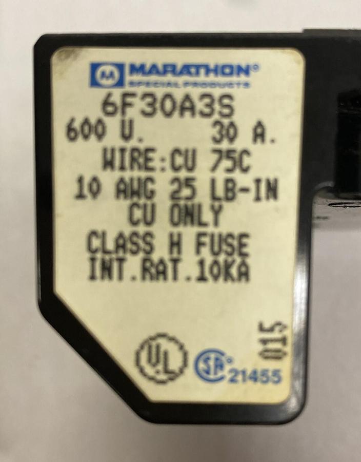 Used Marathon,6F30A3S,Fuse Holder 30A 600V 3 Pole Lot Of 4