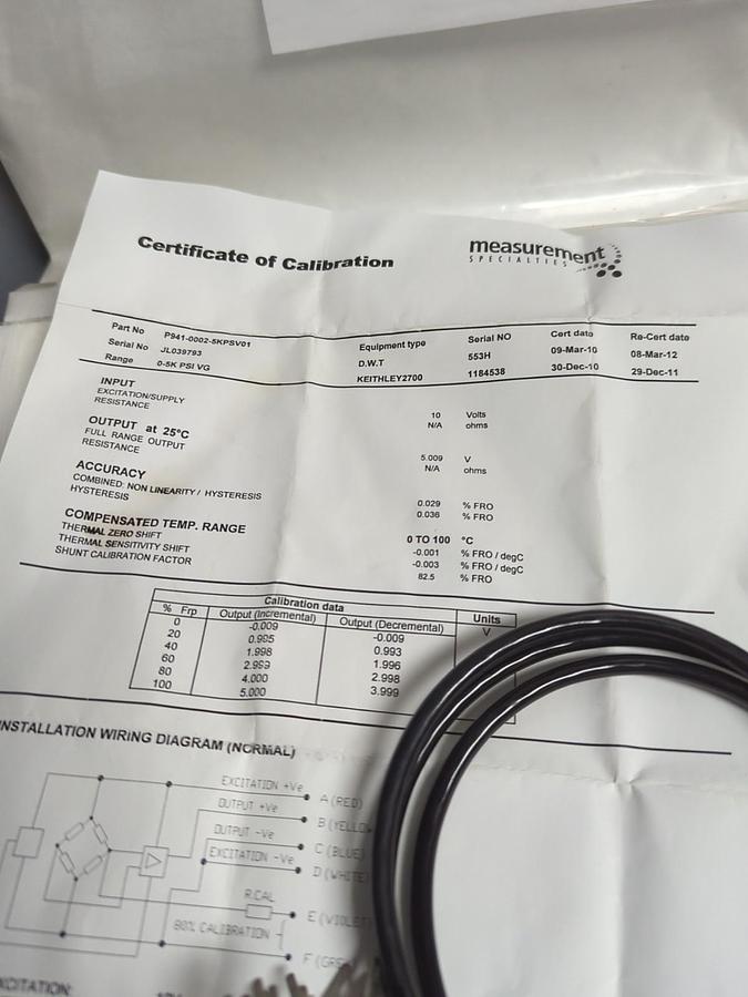 Used MEASUREMENT SPECIALTIES,P941-0002-01M0,PRESSURE SENSOR PRE-OWNED