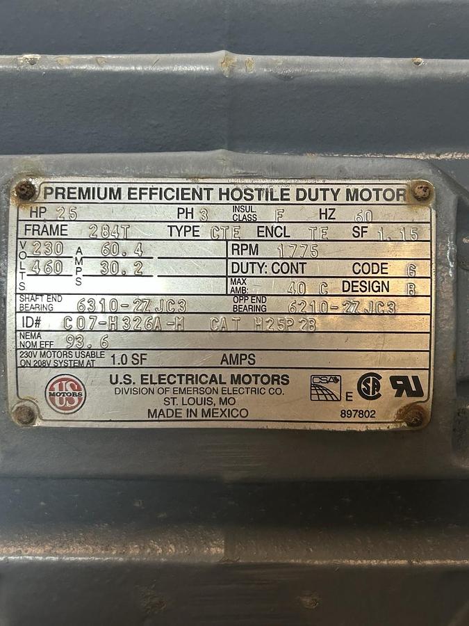 Used US MOTORS,H25P2B,MOTOR 25HP 230/460V 1775RPM 3PH 284T FRAME