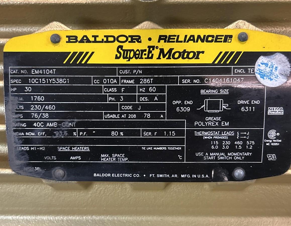 BALDOR,EM4104T,SUPER-E MOTOR 30HP 1760RPM 230/460V 286T FRAME NOS