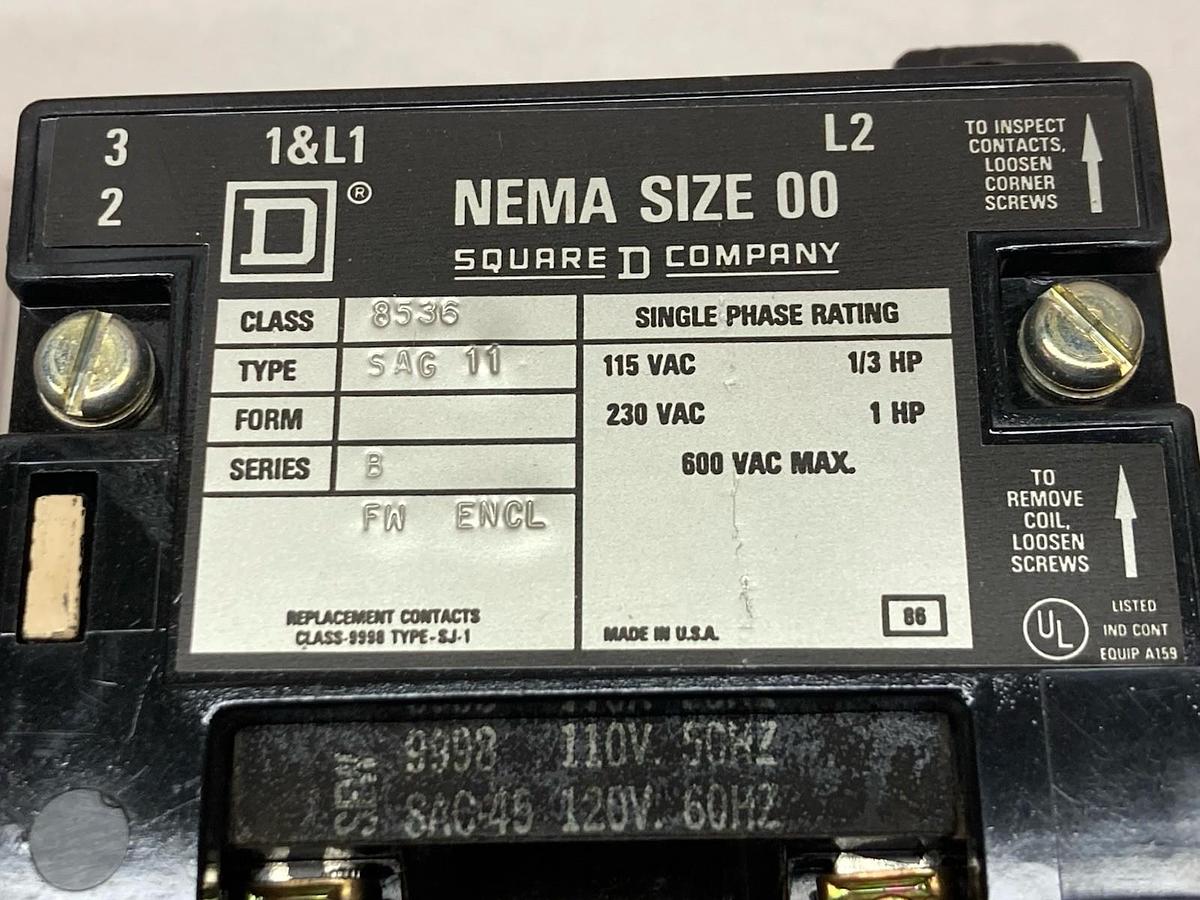 Square D,8536 SAG 11,Contactor Ser B Size 00 600Vac