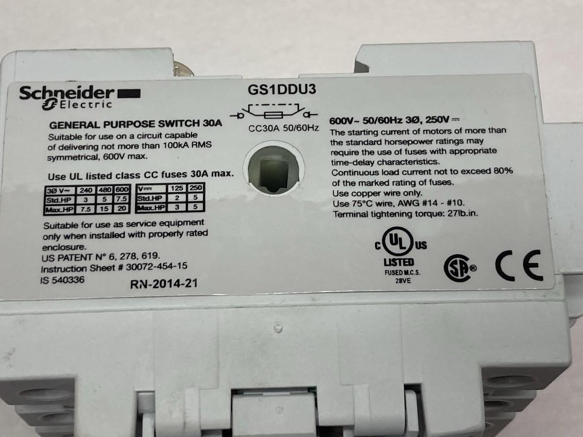 Schneider Electric,GS1DDU3,Fusible Disconnect Switch 600V 30A 50/60hz