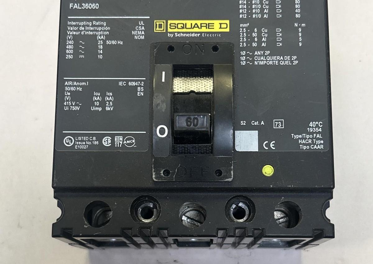 Used SQUARE D,FAL36060,CIRCUIT BREAKER 100A 600V 3P