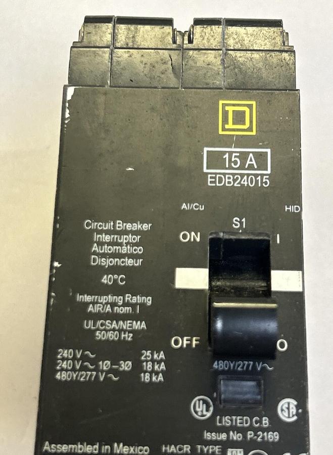 Used SQUARE D,EDB24015,CIRCUIT BREAKER 15A 277V 2P