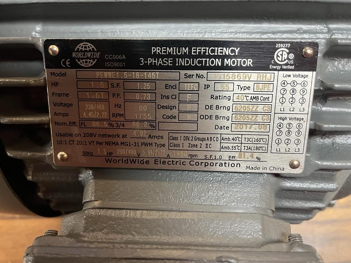 WORLDWIDE,PEWWE1.5-18-145T,INVERTER DUTY MOTOR 1.5HP 3PH 1755RPM 145T