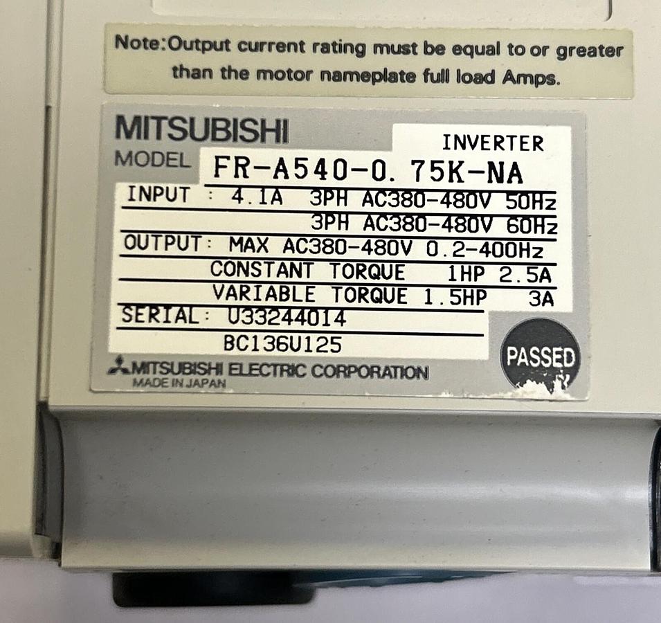 Used MITSUBISHI,FR-A540-0.75K-NA,INVERTER AC DRIVE 1 HP