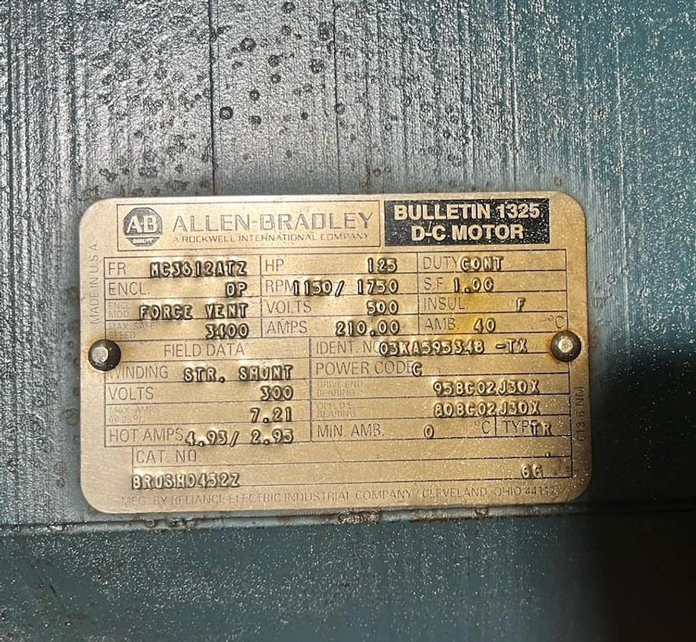 Used RELIANCE ALLEN BRADLEY,MC3212ATZ,1325 DC MOTOR 75HP 1150/1750RPM 500VDC 8RUSH045