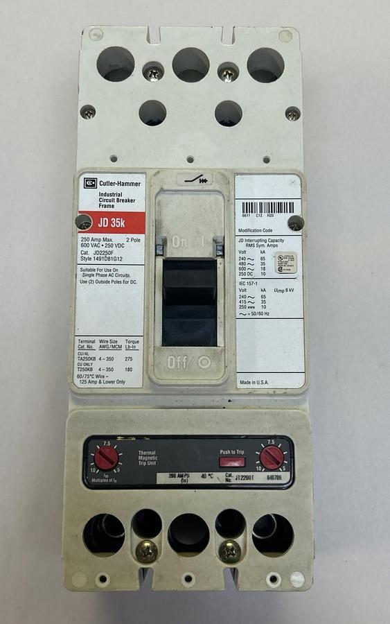 Used CUTLER-HAMMER,JD2250F,CIRCUIT BREAKER 250A 600V 2P