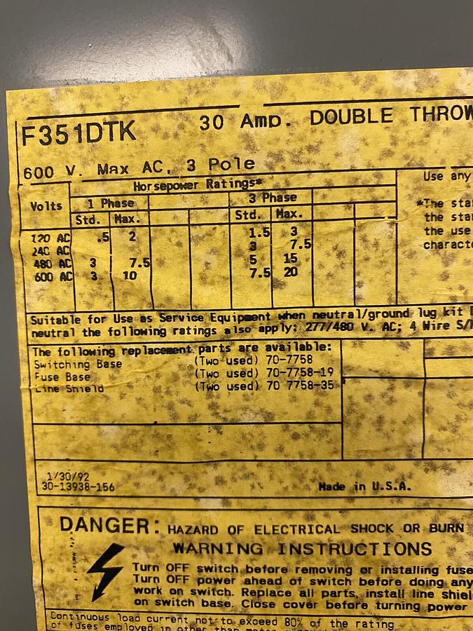 SIEMENS,I-T-E,F351DTK, 30AMP DOUBLE THROW DISCONNECT SWITCH 600V
