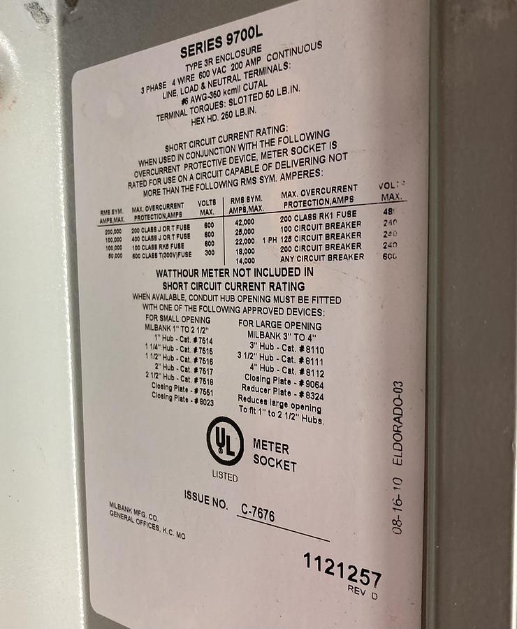 Used Milbank,9700L,Meter Base Type 3R,3PH Enclosure 4-Wire 600V 200A