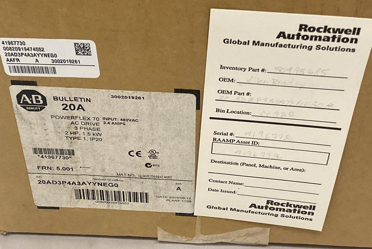 Used ALLEN BRADLEY,20AD3P4A3AYYNEG0,SER A POWERFLEX 70 AC DRIVE 1.5KW 2HP VFD REFURB