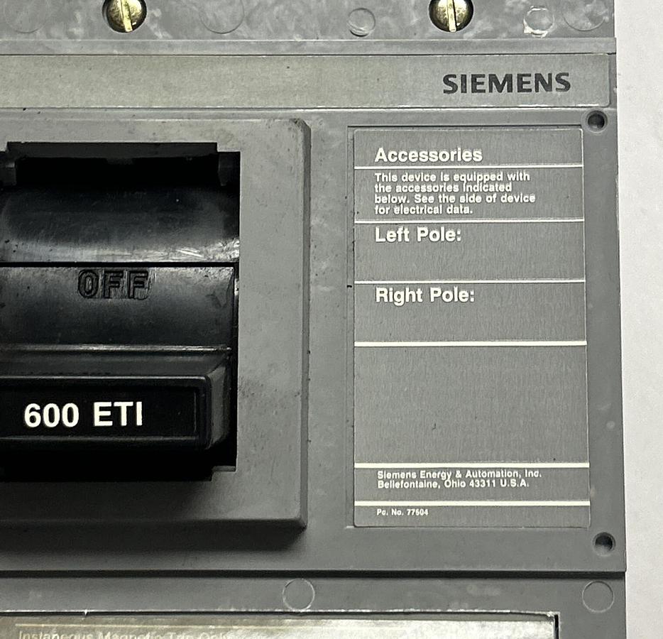 SIEMENS,LXD63L600,TYPE LXD6-A CIRCUIT BREAKER 600A 600V 3P NOS