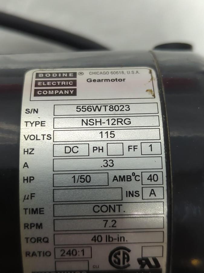 Used BODINE,NSH-12RG,ELECTRIC GEAR MOTOR 7.2RPM 115V 1/50HP PRE-OWNED