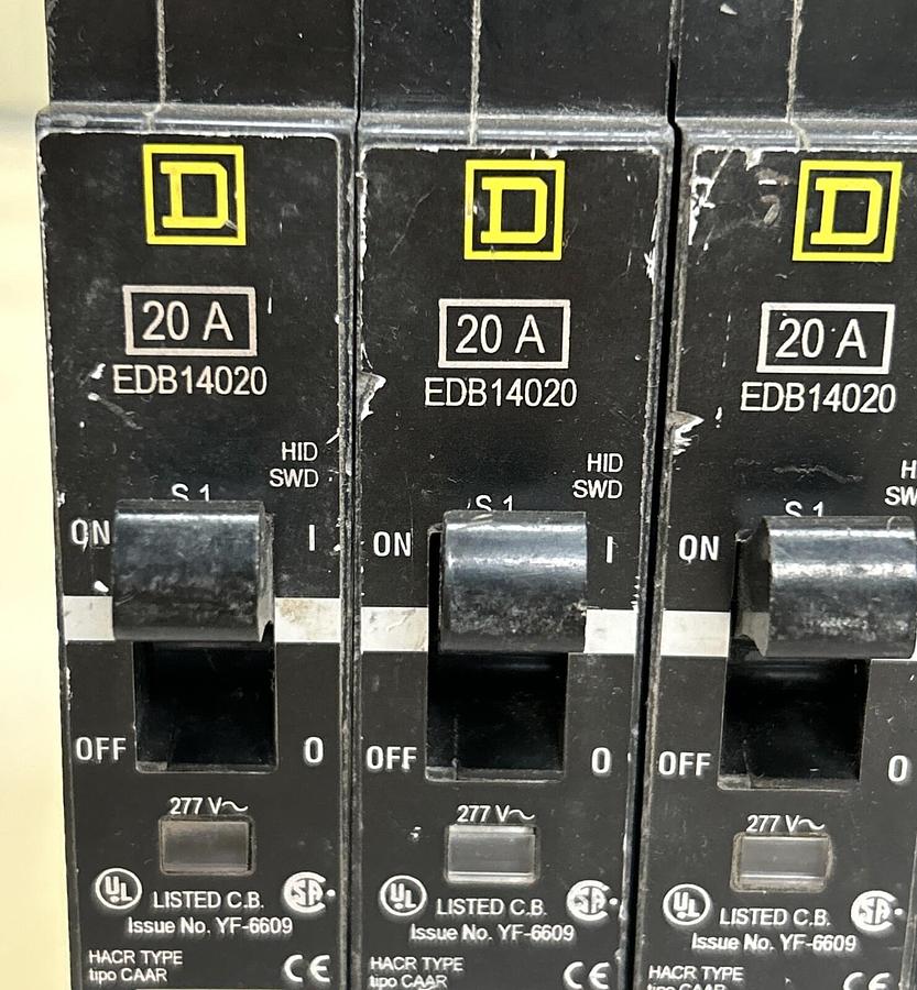 Used SQUARE D,EDB14020,CIRCUIT BREAKER 20A 277V 1P LOT OF 5