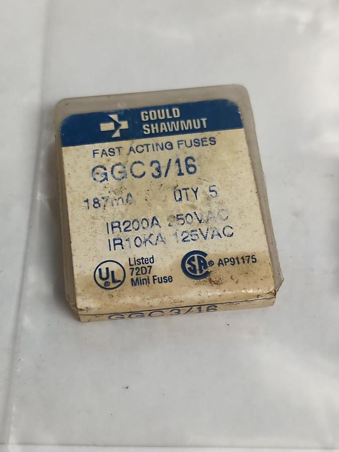 GOULD SHAWMUT,GGC-3/16,FAST ACTING 3/16 AMP FUSE LOT OF 10 NOS