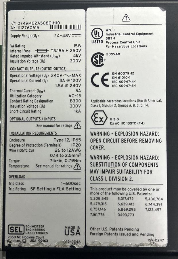 Used SEL,SEL-749M,MOTOR RELAY PROCESS CONTROL UNIT