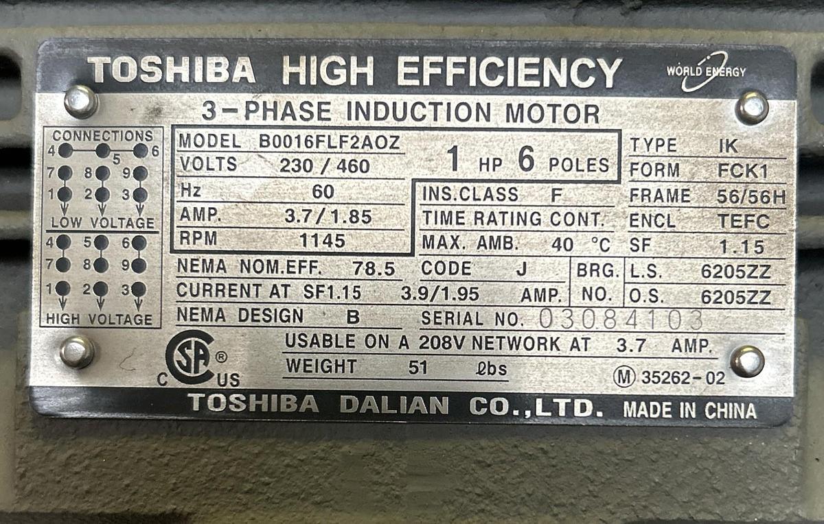 Used TOSHIBA,B0016FLF2AOZ,AC MOTOR 1HP 1145RPM 3PH 230/460V 56/56H FRAME