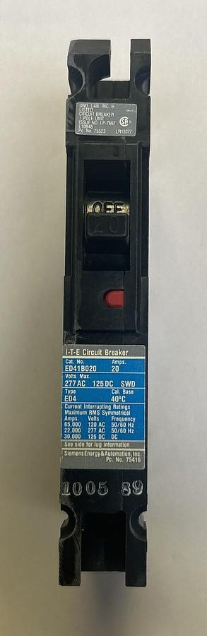 Used SIEMENS,ED41B020,CIRCUIT BREAKER 20A 277V 1P
