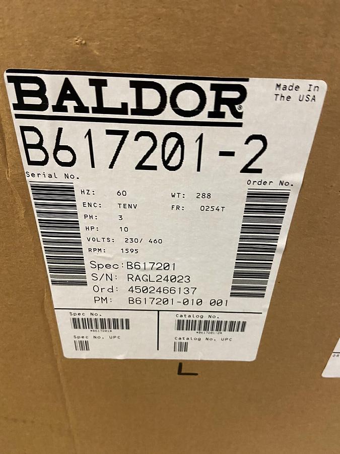Used Baldor,B617201-2,Dual Shaft Motor 10HP 1595RPM 230/460V frame 254T NOS