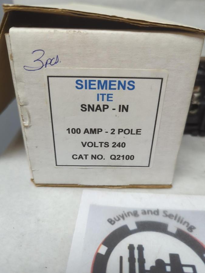 Used SIEMENS,Q2100,CIRCUIT BREAKER 100 AMP 2-POLE LOT OF 3 PRE-OWNED