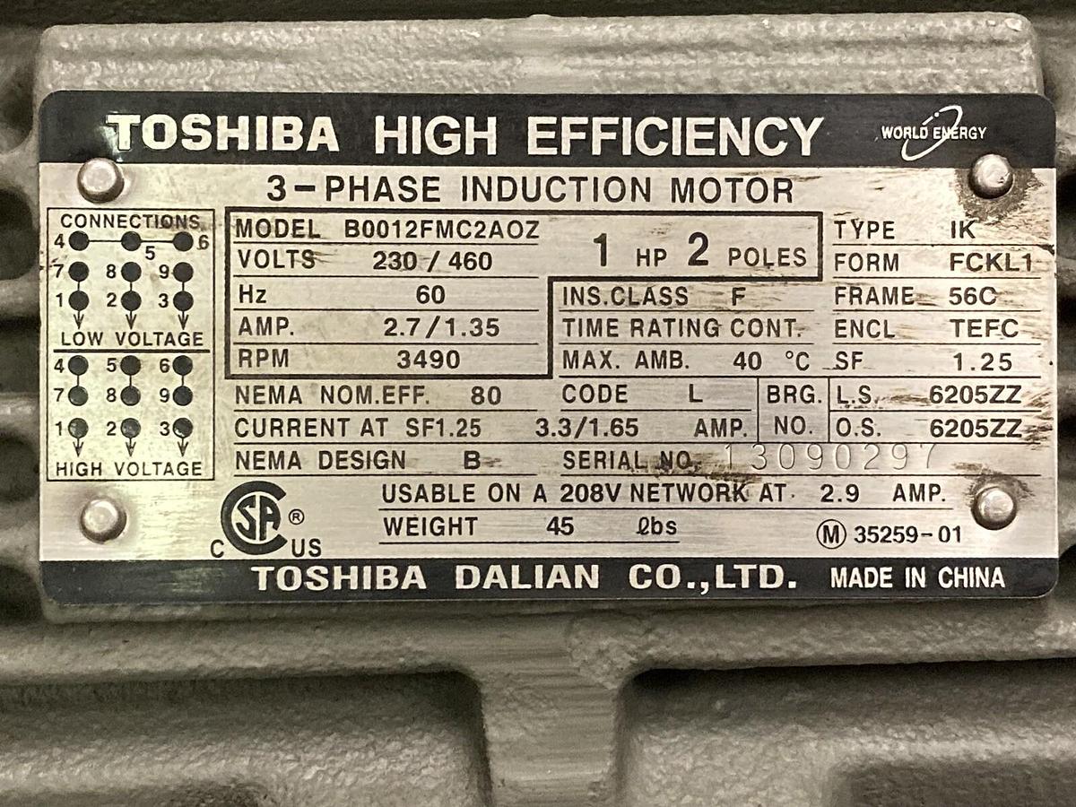 Used Toshiba,B0012FMC2AOZH,High Efficiency 1HP Induction Motor 3490RPM 56C 3PH 2P
