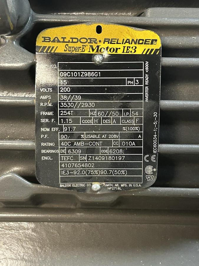 BALDOR,254T,SUPER-E MOTOR 15HP 200V 3530RPM 3PH 254T FRAME