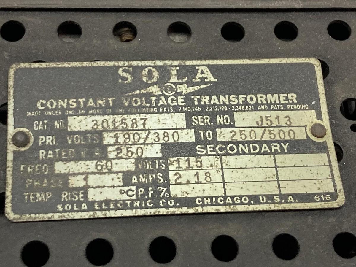 Used Sola,301587,1-Phase Constant Voltage Transformer 190/380V 2.18A