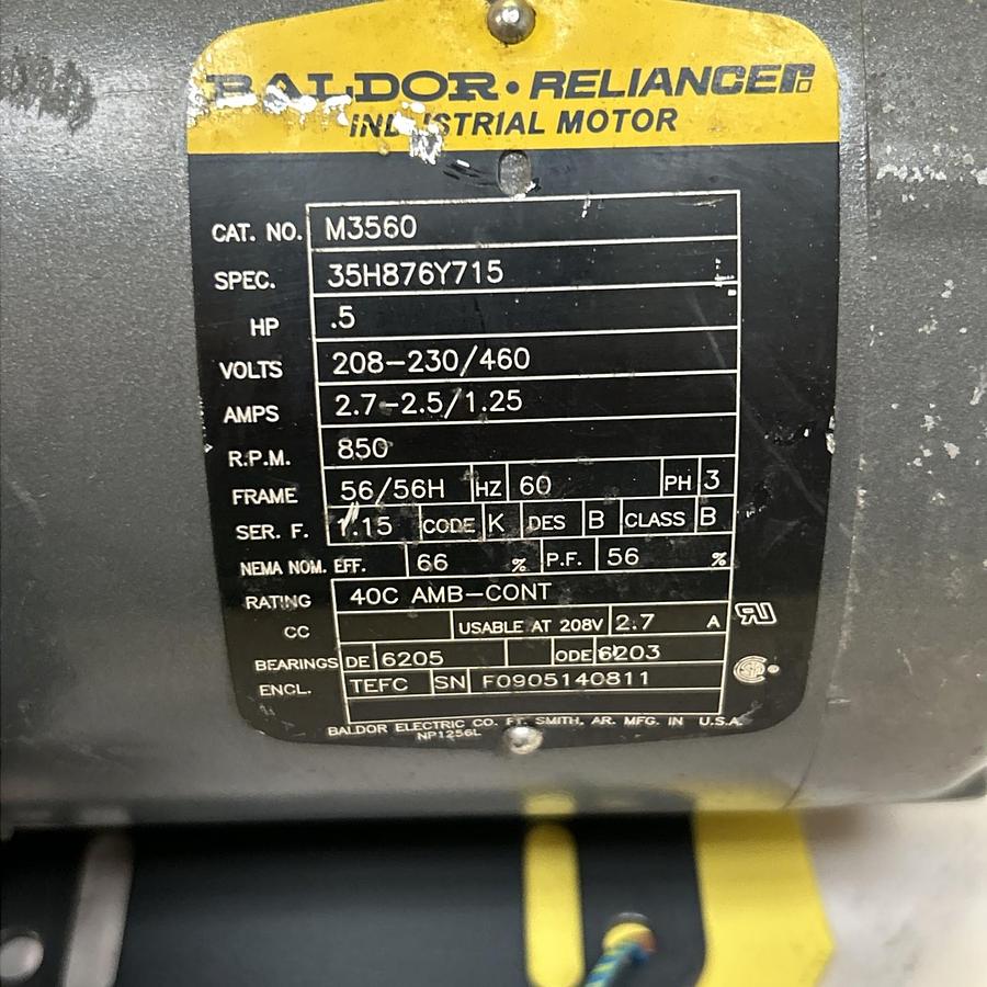Used BALDOR,M3560,MOTOR 1/2HP 208-230/460V 850RPM 3PH 56/56H FRAME