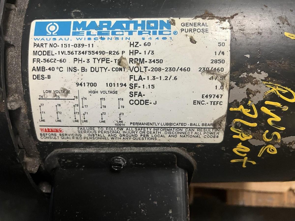 Used MARATHON,151-039-11,AC MOTOR 1/3HP 3PH 3450RPM 56CZ-60