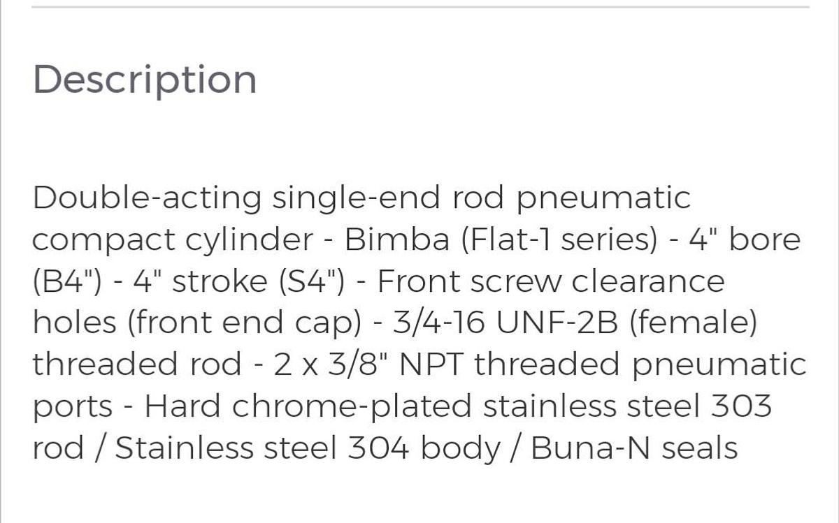 BIMBA,FLAT-1 F0-1254-4F,PANCAKE PNEUMATIC CYLINDER 4 INCH BORE 4 INCH STROKE