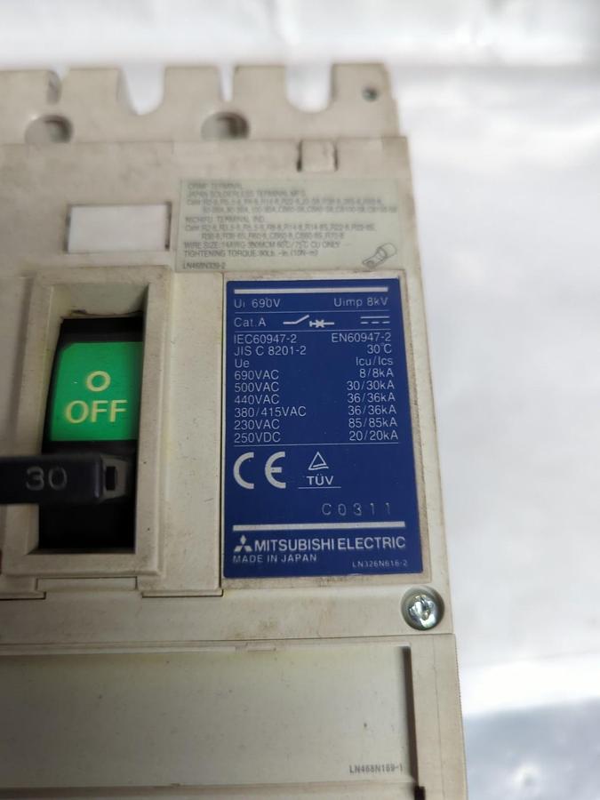 Used MITSUBISHI,NF-SFW,NO FUSE BREAKER 30 AMP 3-POLE PRE-OWNED